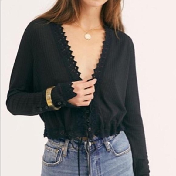 Free People Third Date L/S Button & Laced Cropped Top Blouse Womens Sz SP Black - Picture 7 of 7